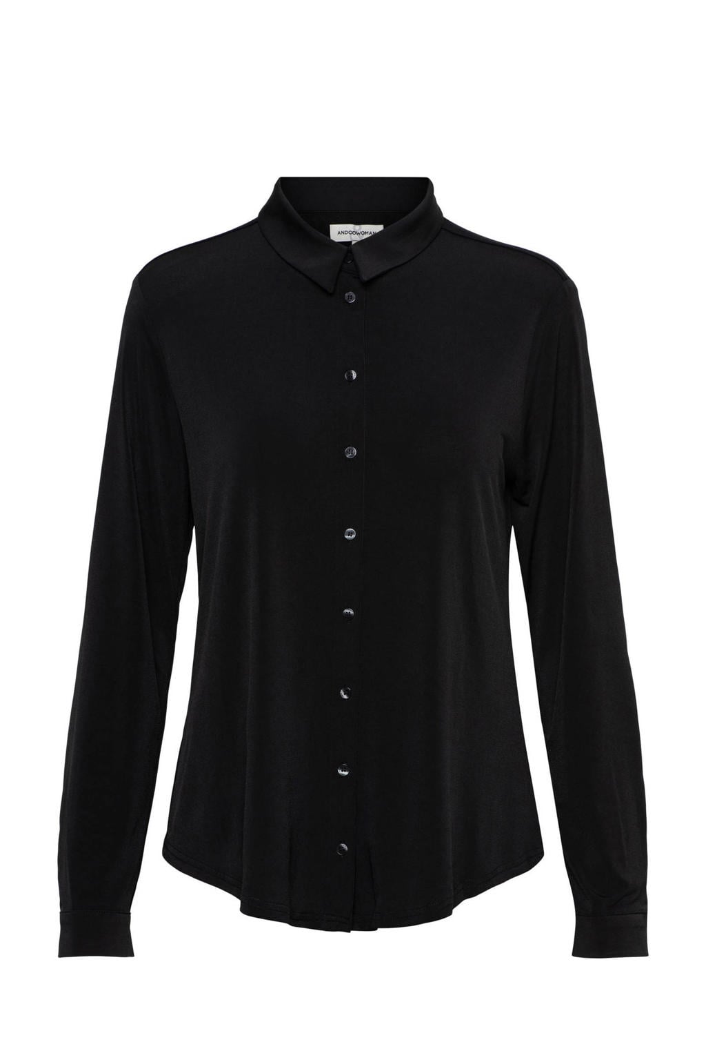 Zwarte dames &Co Woman blouse van viscose met effen, lange mouwen, klassieke kraag en knoopsluiting