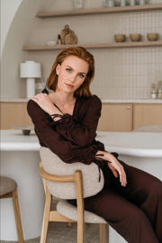 thumbnail: &Co Woman wide leg high waist casual broek donkerbruin
