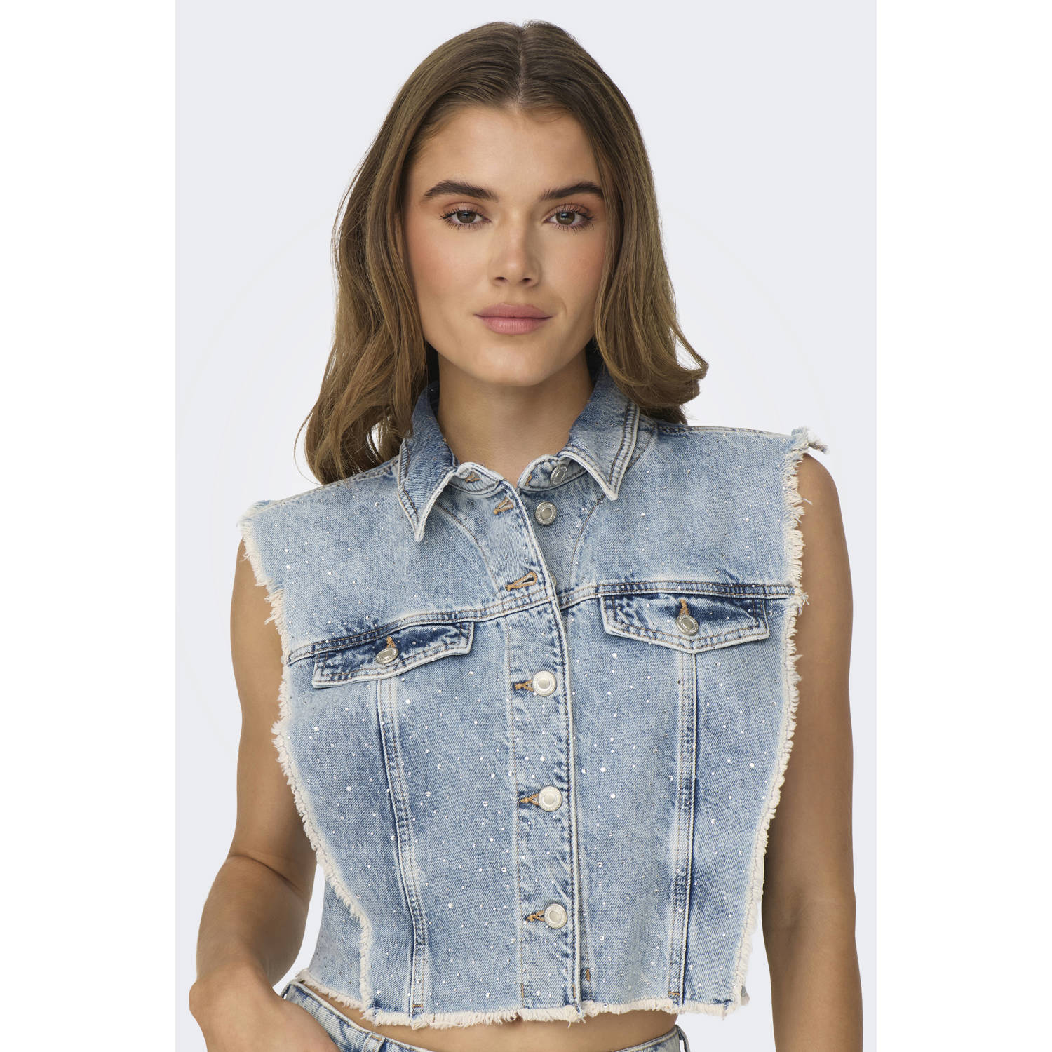 Only Rhinesto Vest: Lichtblauwe Denim Jeans Blue Dames