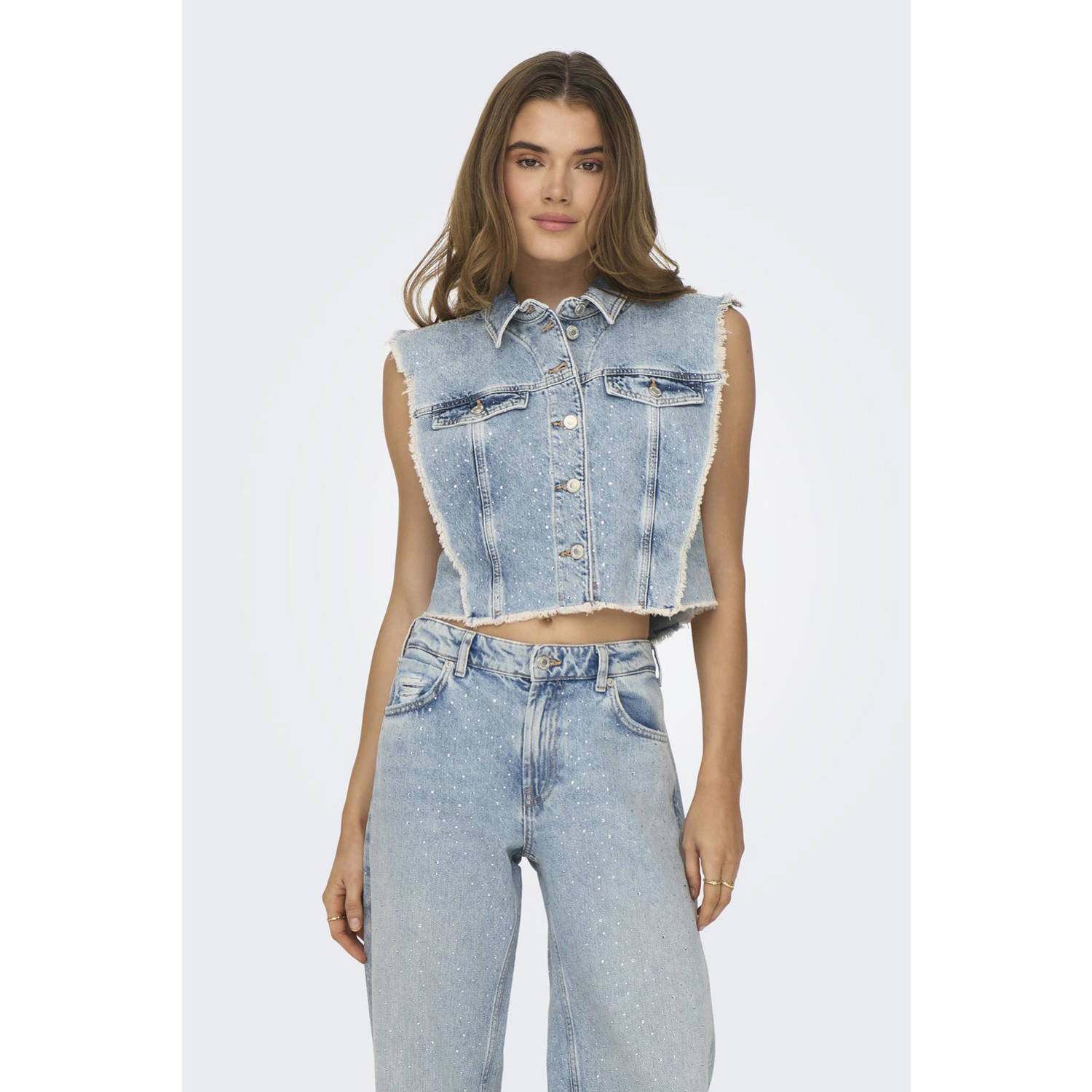 Only Rhinesto Vest: Lichtblauwe Denim Jeans Blue Dames