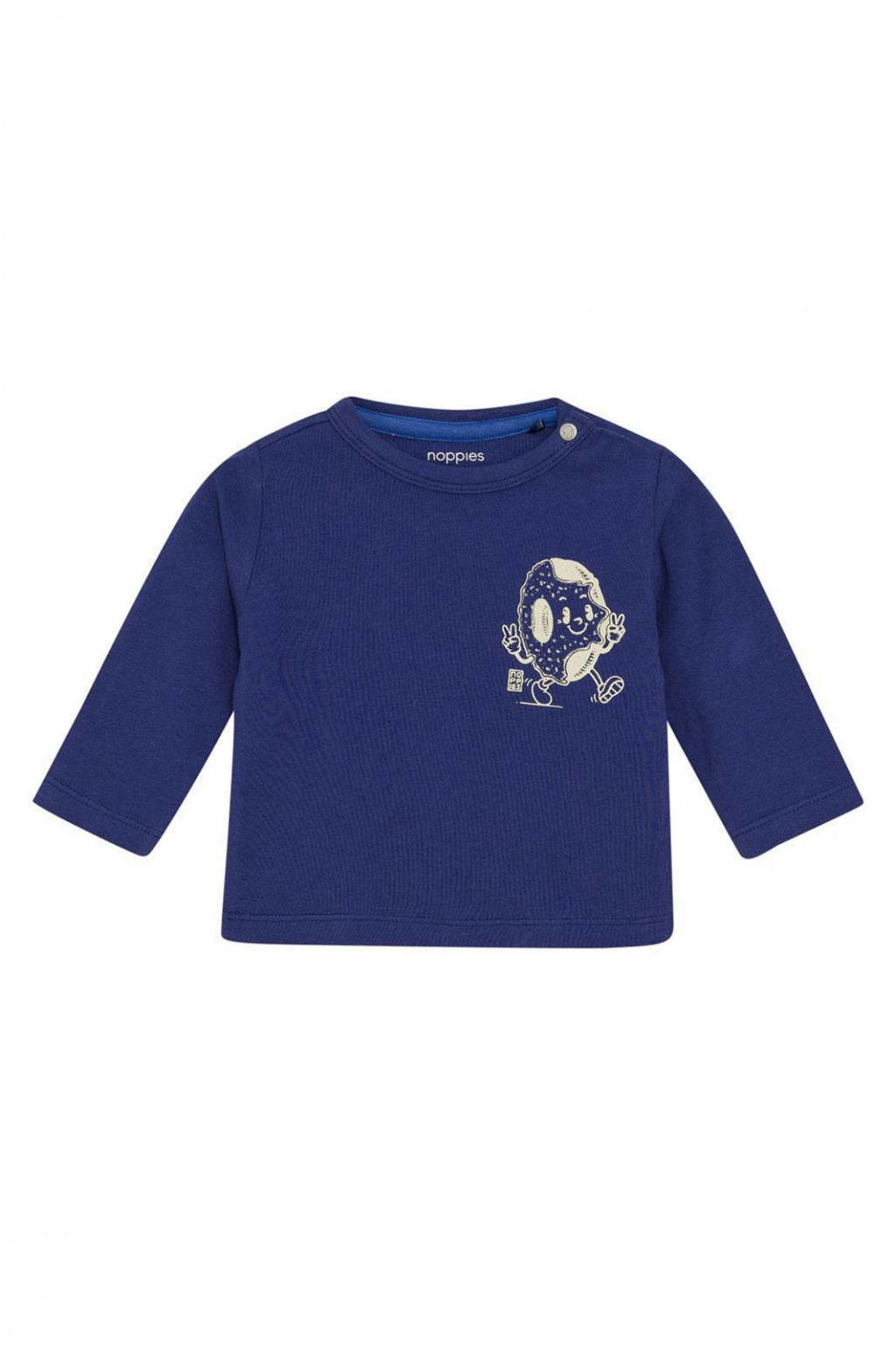 Blauwe jongens en meisjes Noppies baby longsleeve fijn gebreid van stretchkatoen met printopdruk, lange mouwen, ronde hals en drukknoopsluiting