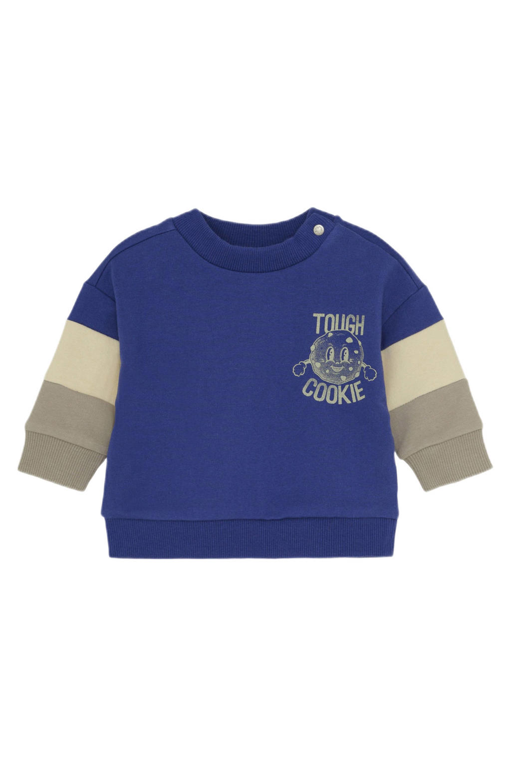 Blauw, bruin en ecru jongens Noppies baby sweater met meerkleurige print, lange mouwen, ronde hals, drukknoopsluiting en elastische boord