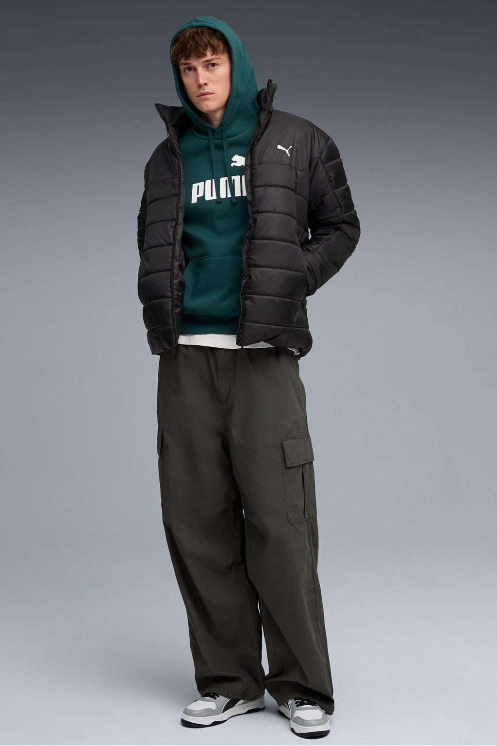 Groene heren Puma hoodie van sweat materiaal met logo dessin, lange mouwen en capuchon