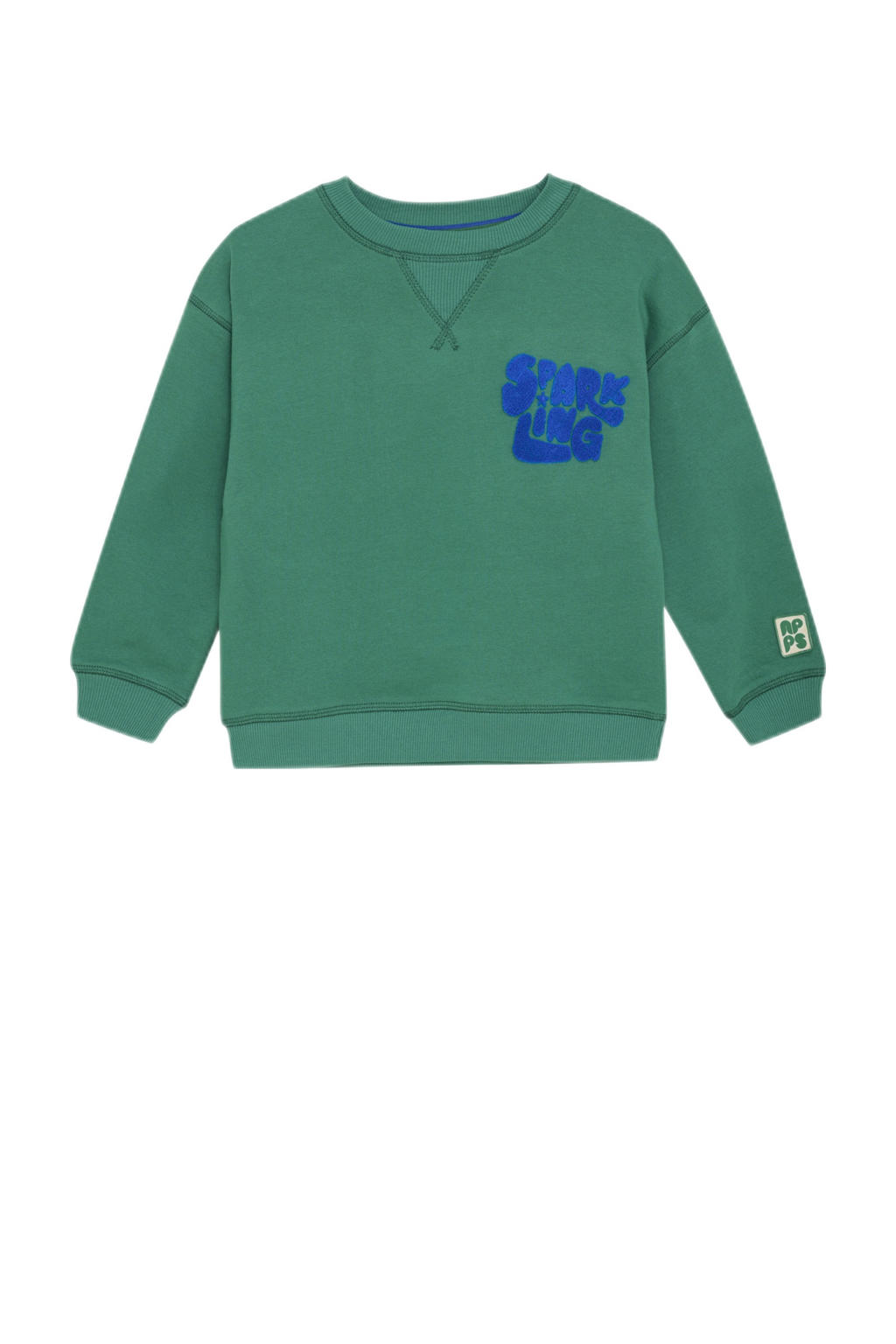 Groene jongens Noppies kids sweater van katoen met printopdruk, lange mouwen, ronde hals en patches