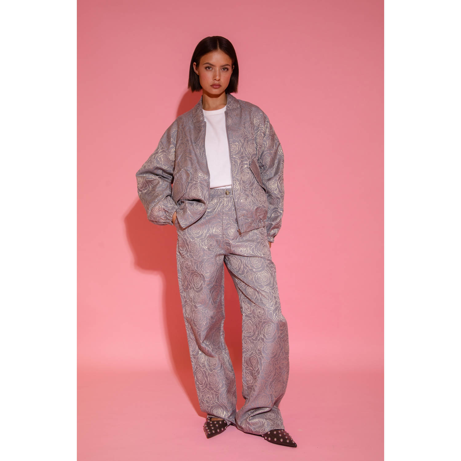 Studio AMAYA x Poespas straight high waist broek grijs met lurex