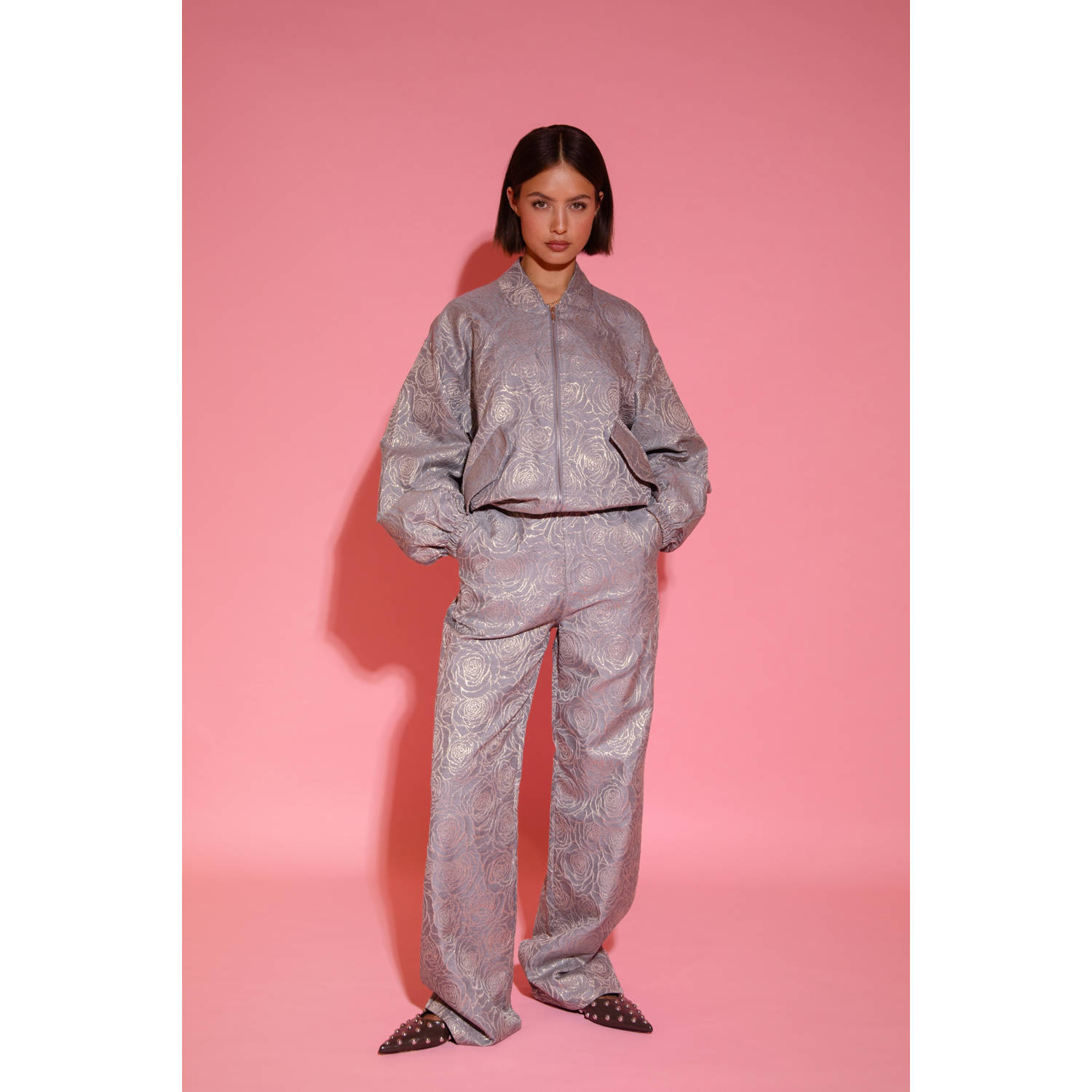 Studio AMAYA x Poespas straight high waist broek grijs met lurex