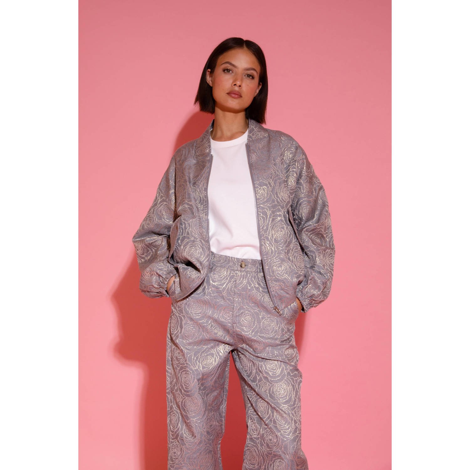 Studio AMAYA x Poespas straight high waist broek grijs met lurex