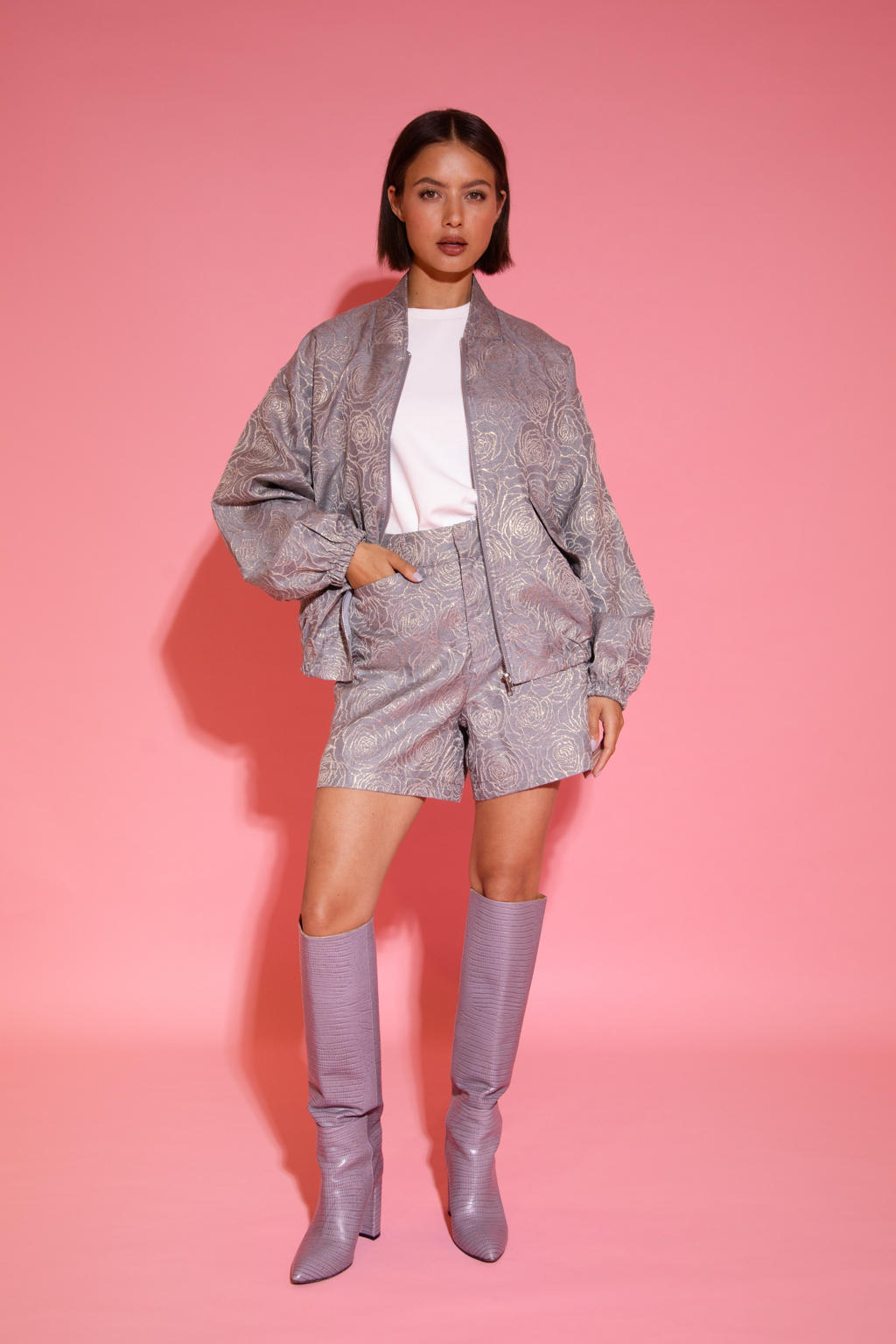 Grijze dames Studio AMAYA x Poespas straight high waist casual short van polyester met rits- en haaksluiting en bloemenprint