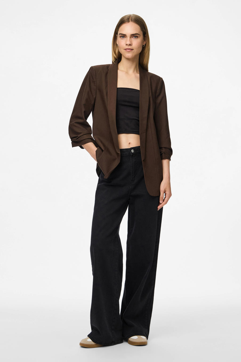 Donkerblauwe dames PIECES regular blazer van polyester met effen, lange mouwen, reverskraag en oprolfunctie