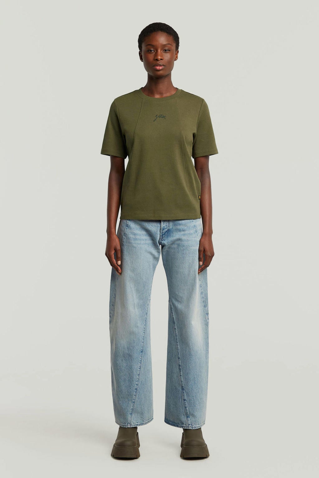 Light blue denim dames G-STAR wide leg jeans van katoen met low waist, drukknoopsluiting en effen