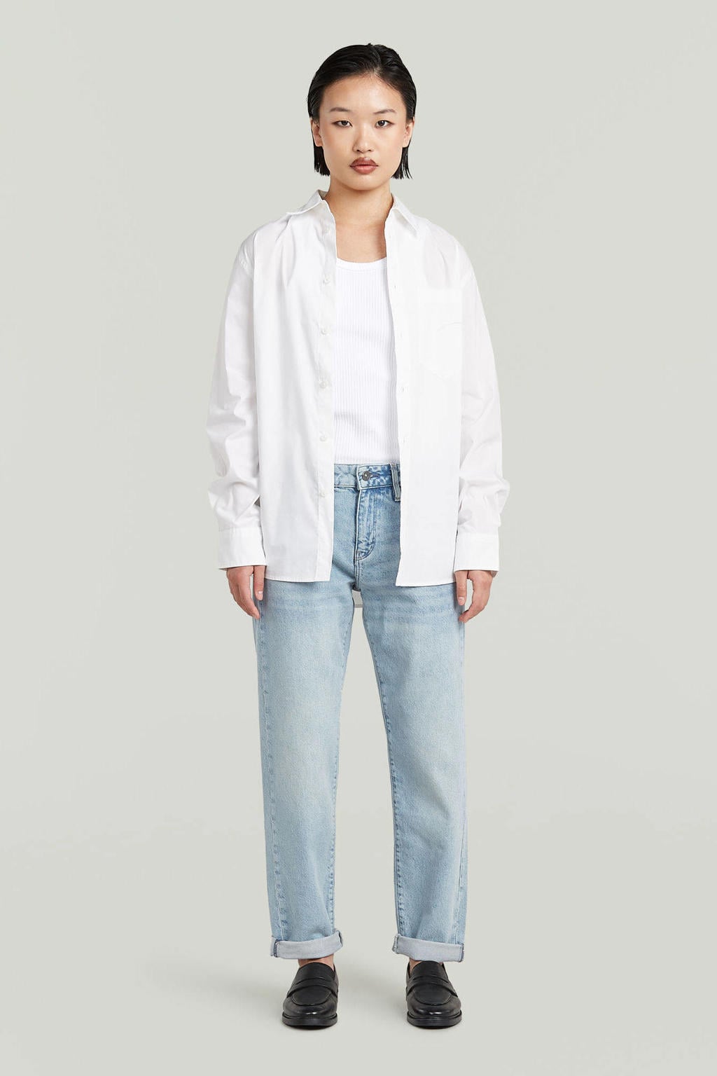 Light blue denim dames G-STAR boyfriend jeans van katoen met low waist, rits- en drukknoopsluiting en effen