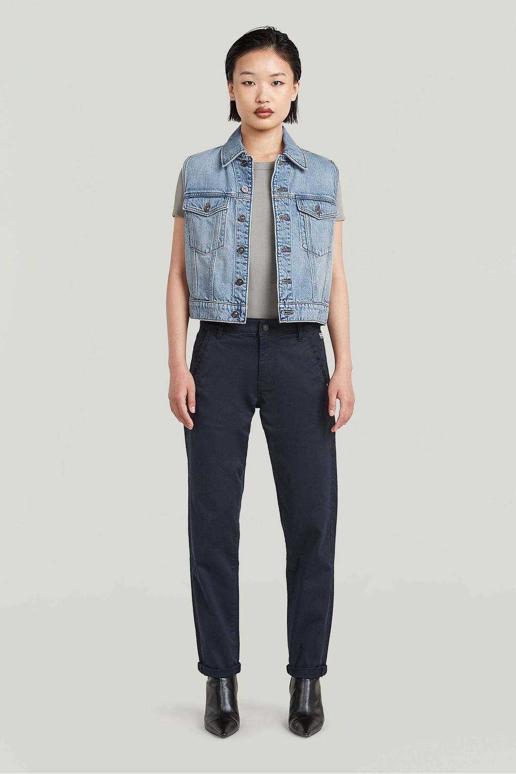 Donkerblauwe dames G-STAR regular waist chino van katoen met rits- en knoopsluiting en effen