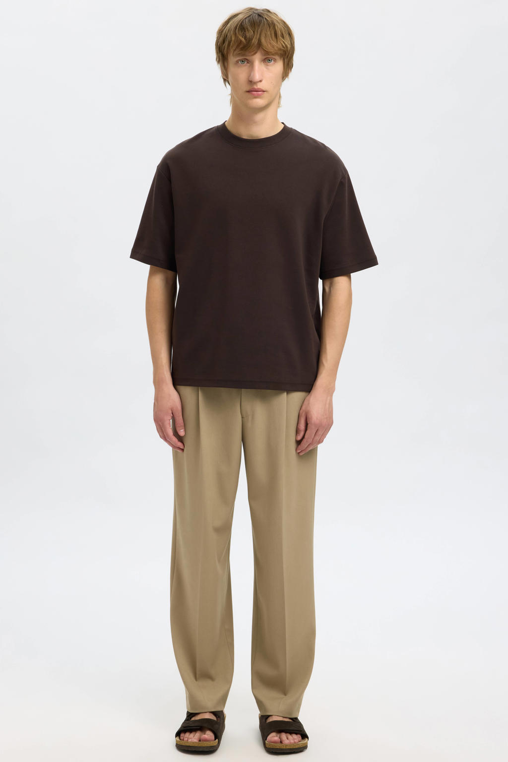 Donkerblauwe heren SELECTED HOMME loose fit T-shirt van katoen met effen, korte mouwen en ronde hals