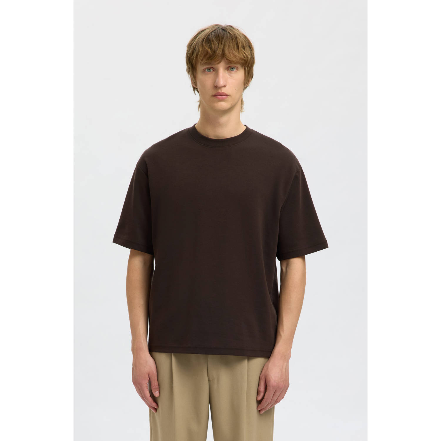 SELECTED HOMME loose fit T-shirt SLHLOOSEOSCAR donkerbruin