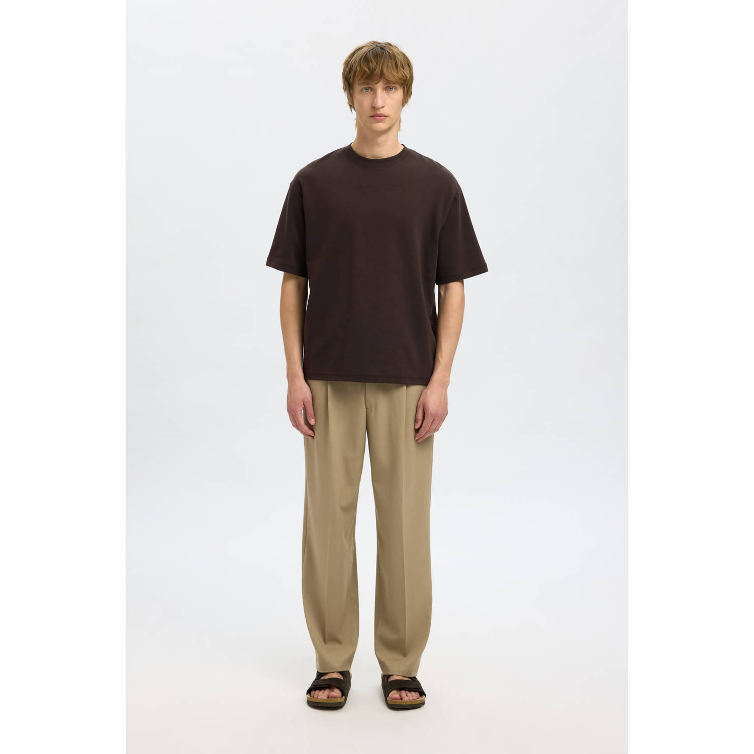 SELECTED HOMME loose fit T-shirt SLHLOOSEOSCAR donkerbruin