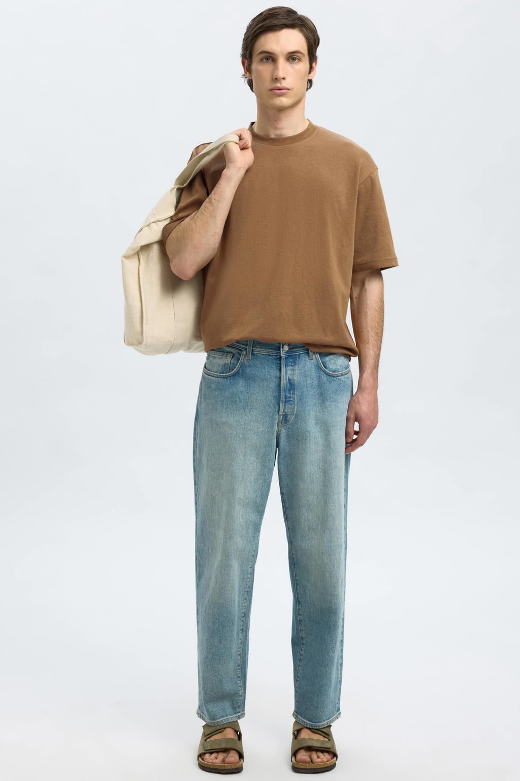 Bruine heren Selected loose fit T-shirt van katoen met effen, korte mouwen en ronde hals