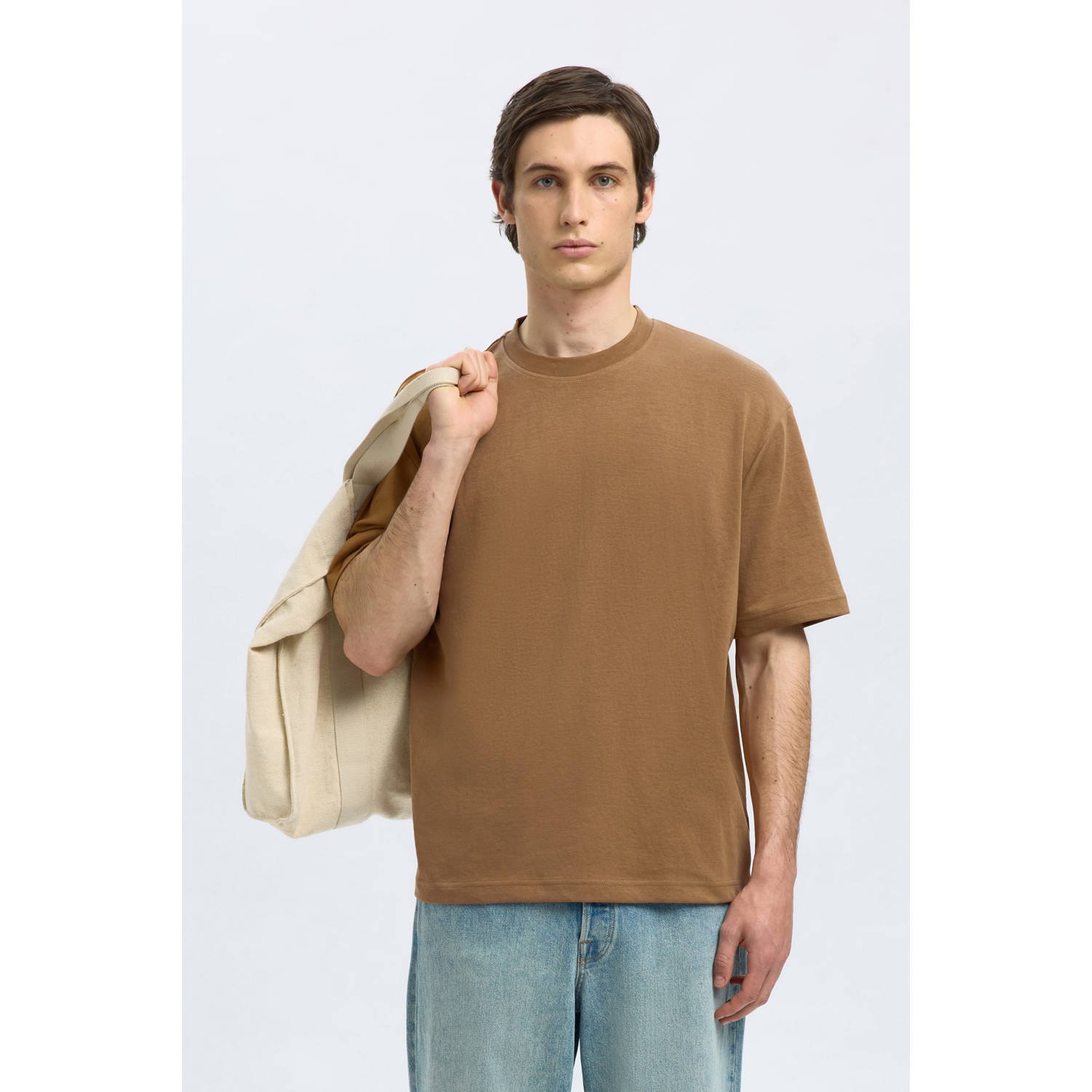 SELECTED HOMME loose fit T-shirt SLHLOOSEOSCAR lichtbruin