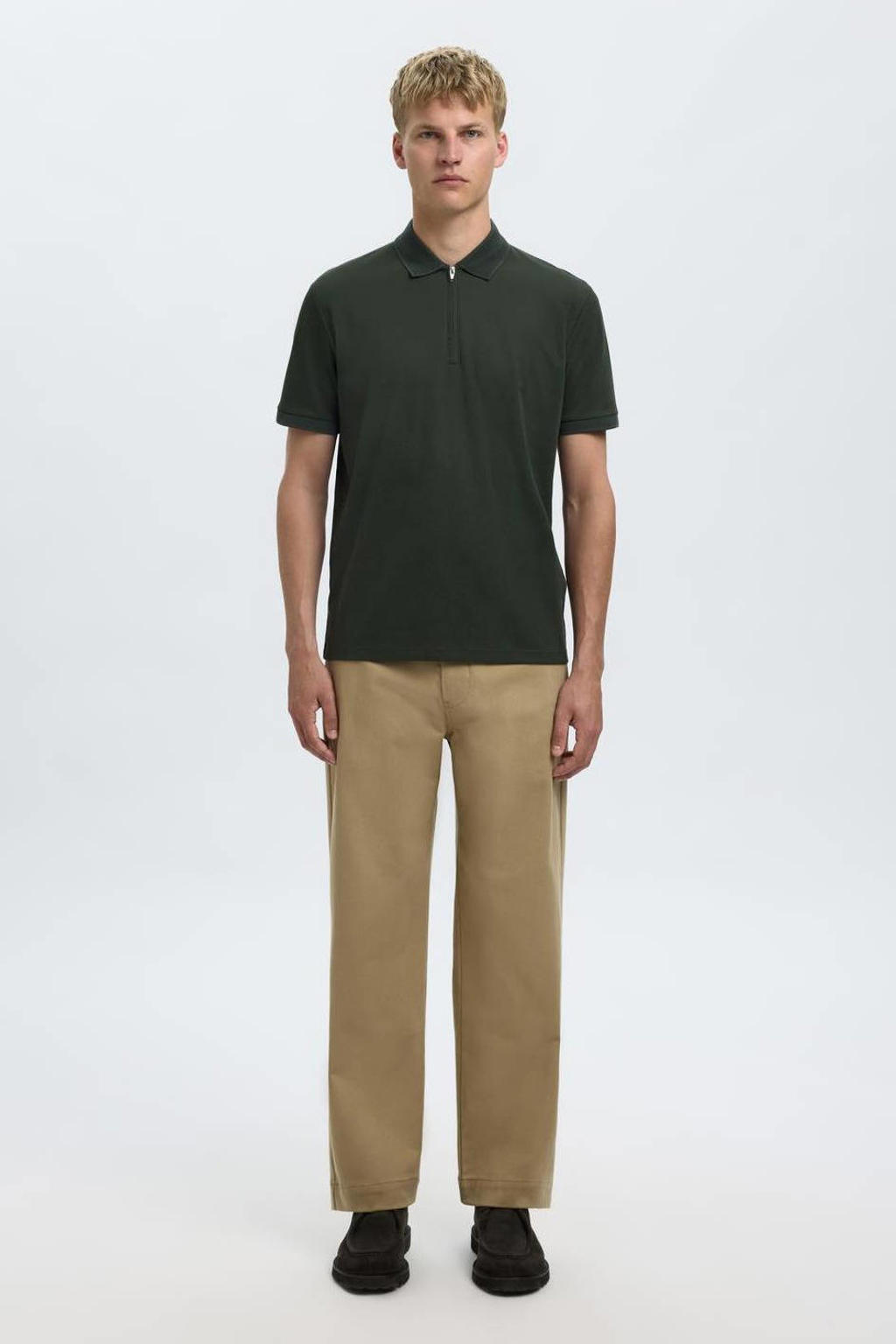 Donkergroene heren SELECTED HOMME regular polo van katoen met effen, korte mouwen en halve rits
