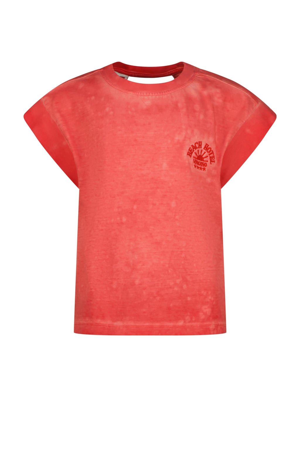 Rode meisjes Vingino T-shirt van katoen met effen, korte mouwen, ronde hals en borduursels