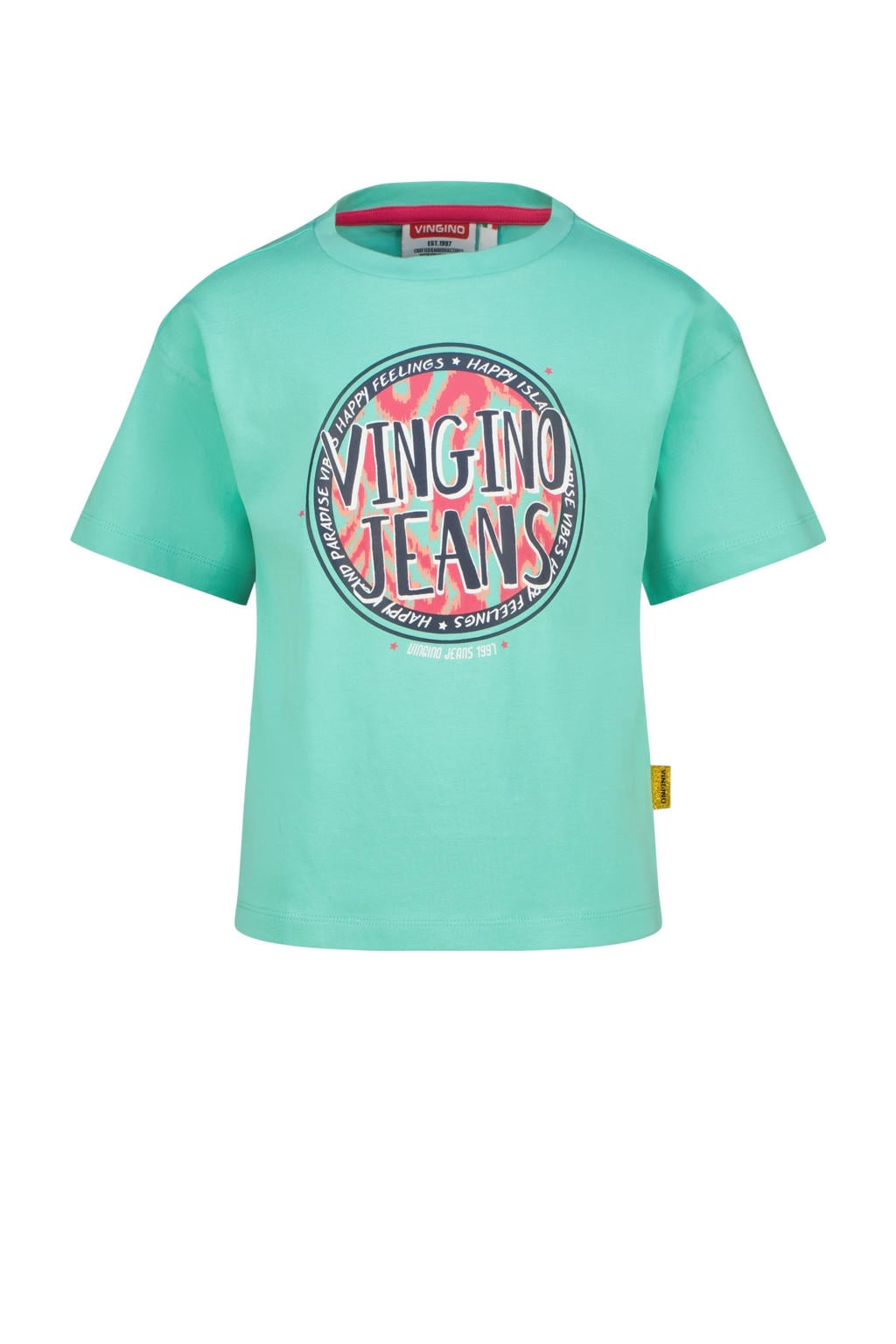 Turquoise meisjes Vingino T-shirt van katoen met printopdruk, korte mouwen en ronde hals