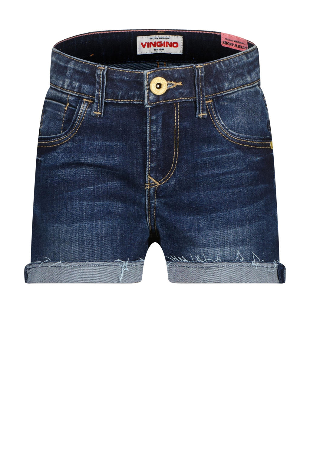 Dark blue denim meisjes Vingino regular fit short van katoen met high waist en effen