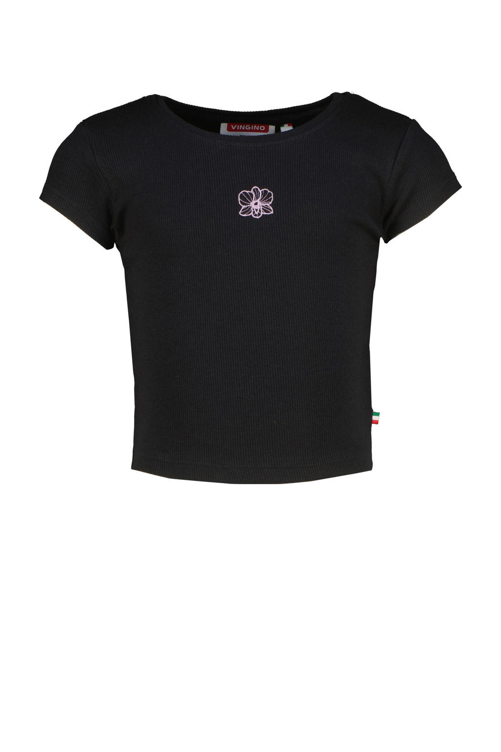 Zwarte meisjes Vingino T-shirt van modal met effen, korte mouwen en ronde hals