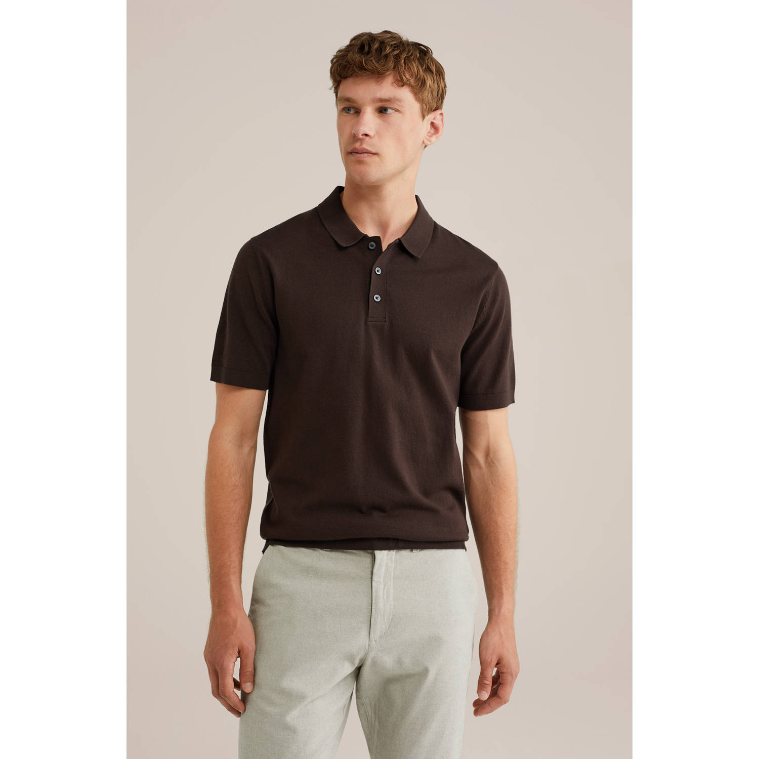 WE Fashion regular polo fijn gebreid donkerbruin