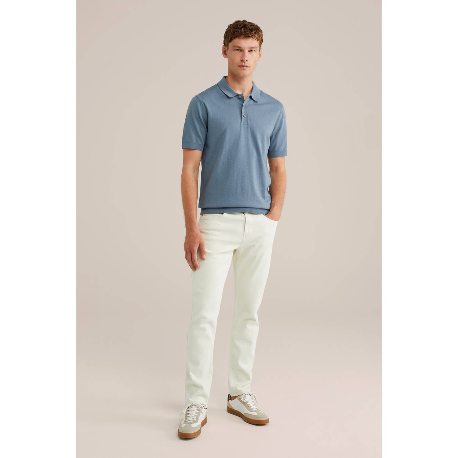 WE Fashion regular polo fijn gebreid grijsblauw