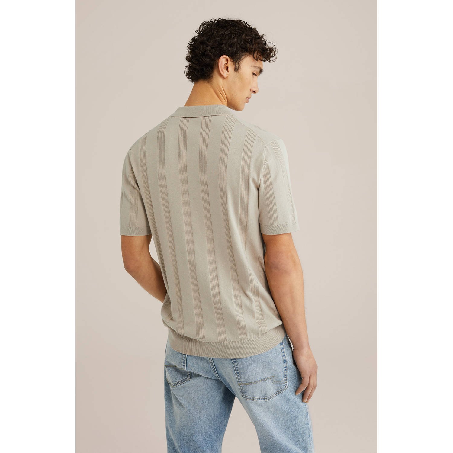 WE Fashion regular polo met ingebreid patroon beige