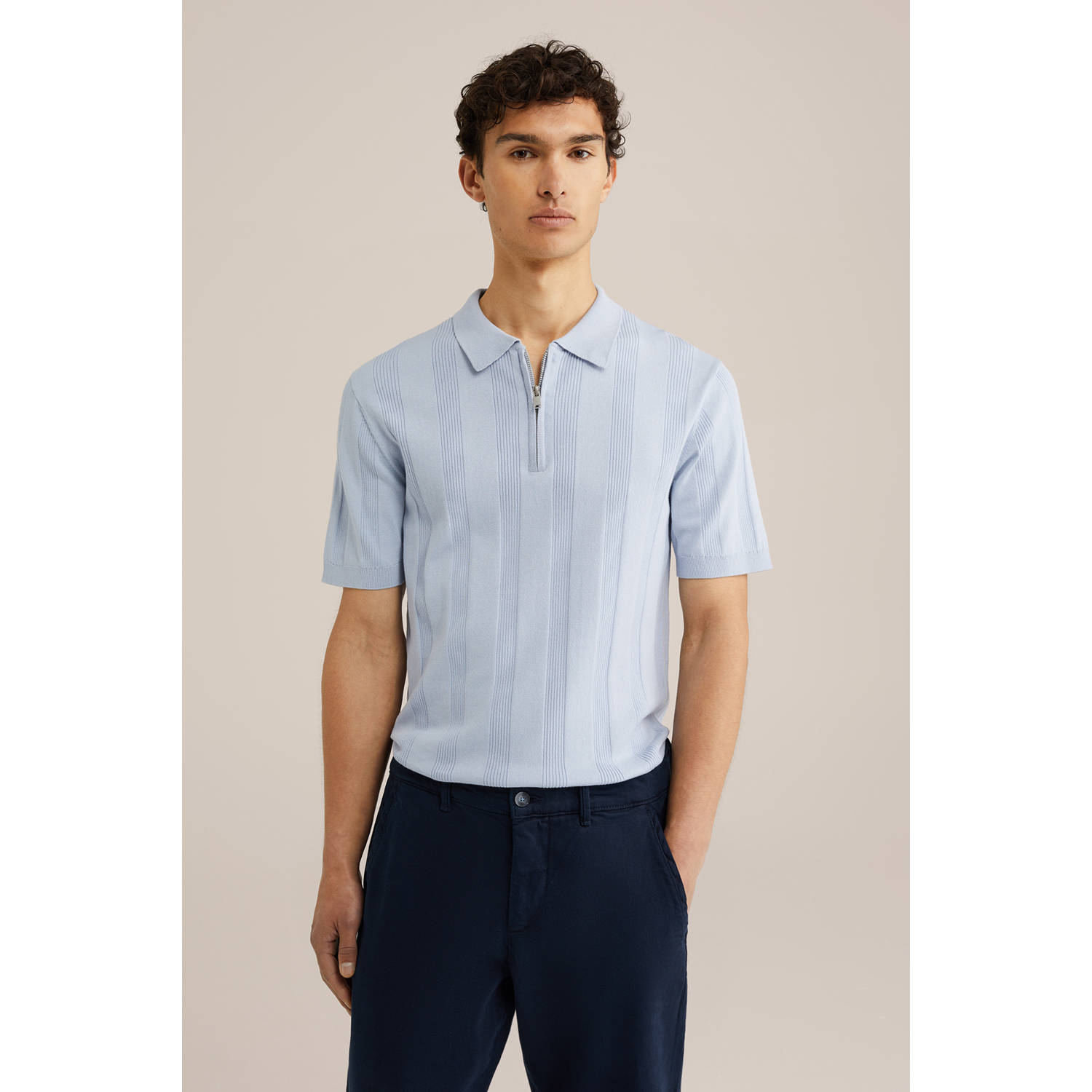 WE Fashion regular polo met ingebreid patroon lichtblauw