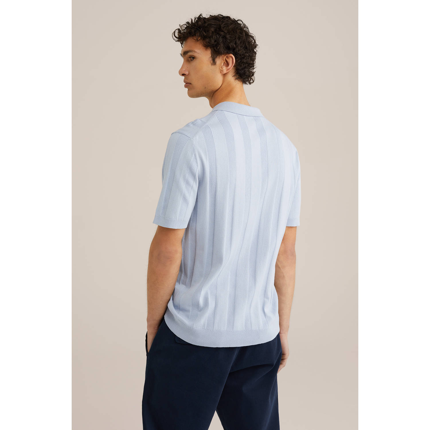 WE Fashion regular polo met ingebreid patroon lichtblauw