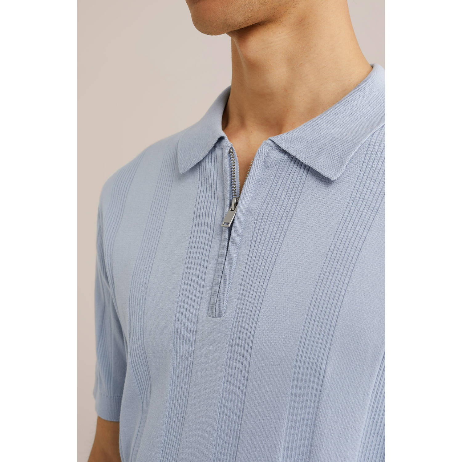 WE Fashion regular polo met ingebreid patroon lichtblauw