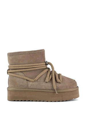 Platform mountain look gevoerde suède veterboots taupe