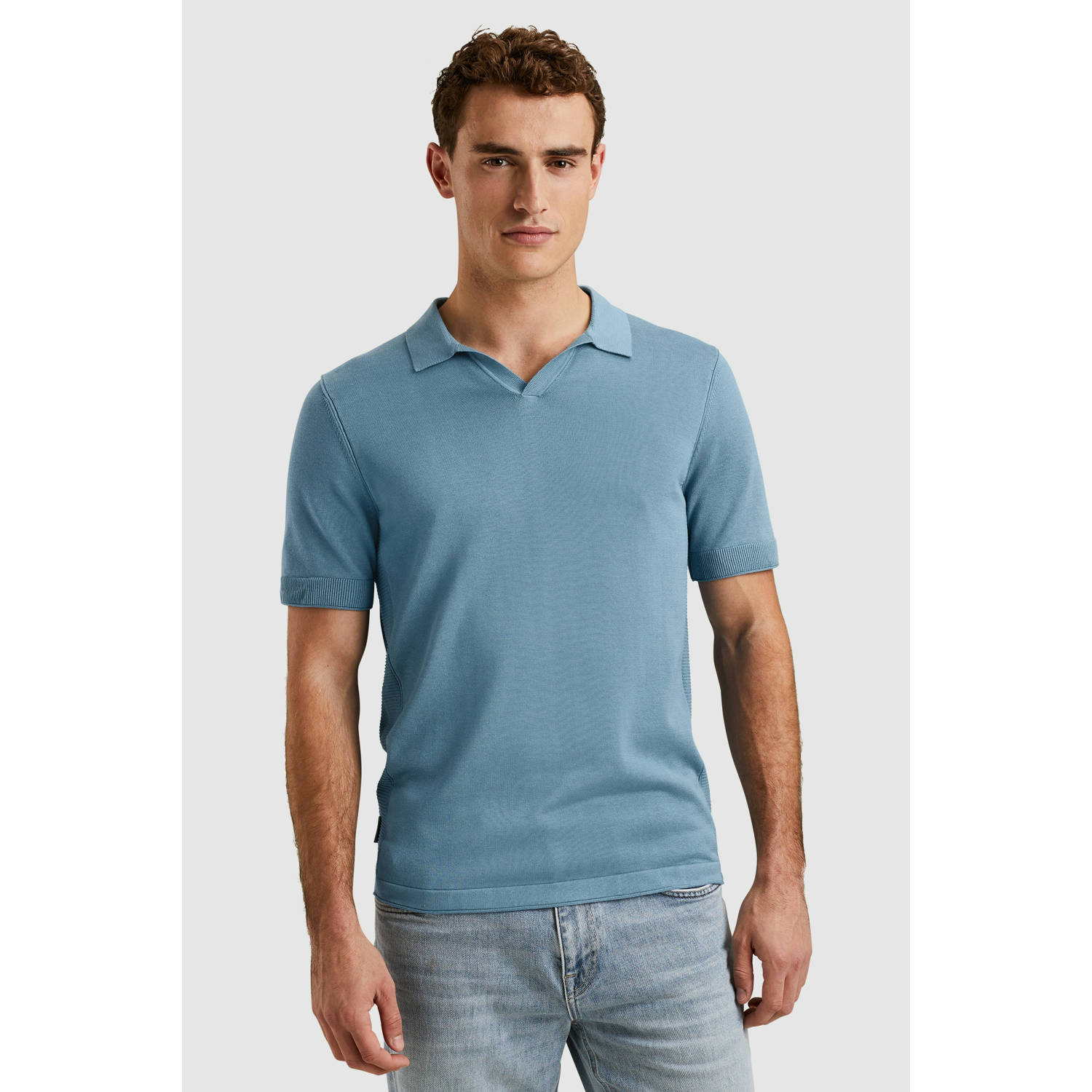 Cast Iron regular polo fijn gebreid blauw