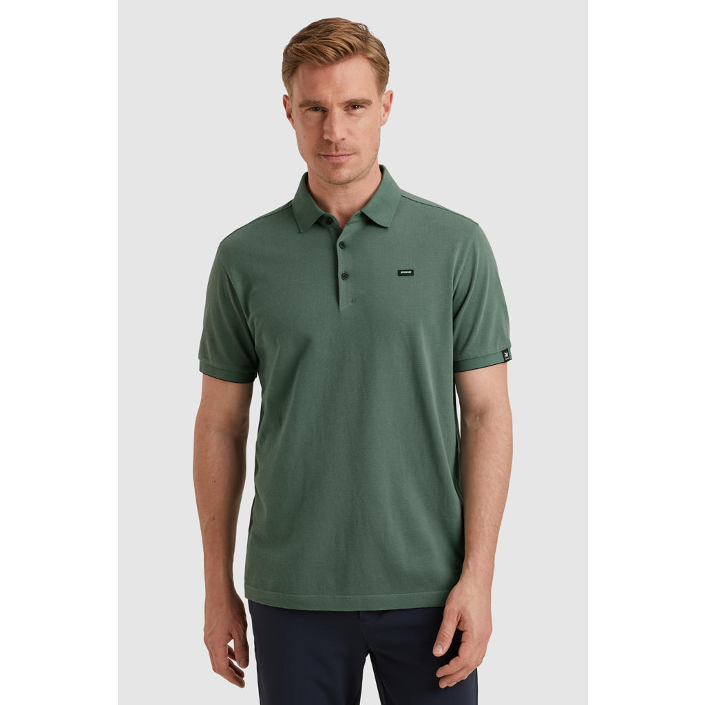 Donkergroene heren Vanguard regular polo van katoen met effen, korte mouwen, klassieke kraag en knoopsluiting