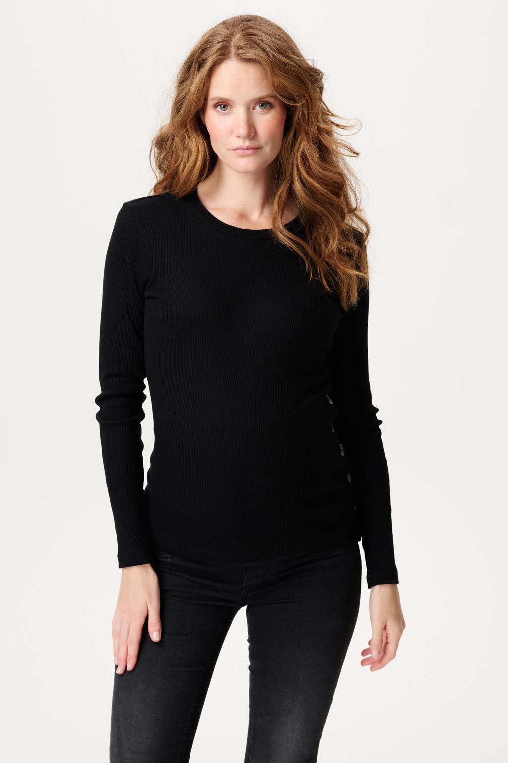 Zwarte dames Noppies maternity zwangerschaps top met effen, lange mouwen en ronde hals
