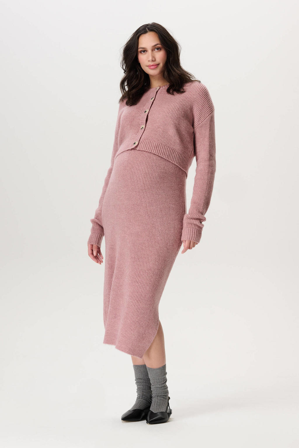 Roze dames Noppies maternity zwangerschaps midi rok grof gebreid van acryl met high waist, elastische tailleband en effen