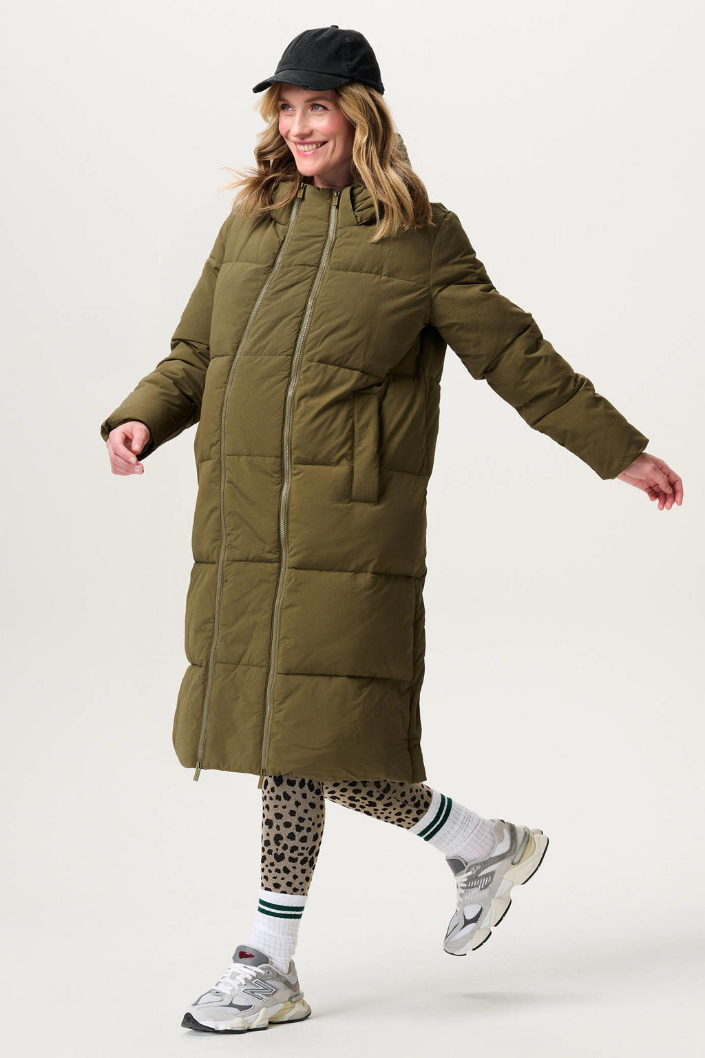 Groene dames Noppies maternity zwangerschaps gewatteerde jas van polyamide met effen, lange mouwen, capuchon, ritssluiting en split