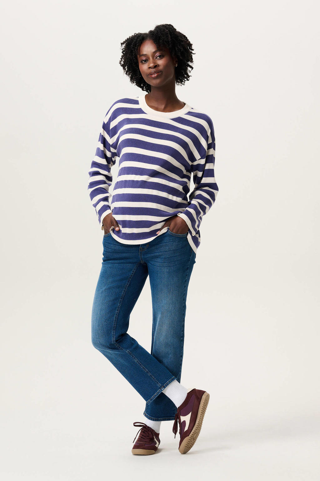 Blauw en witte dames Noppies maternity zwangerschaps gestreepte longsleeve van polyamide met lange mouwen, ronde hals en elastische boord