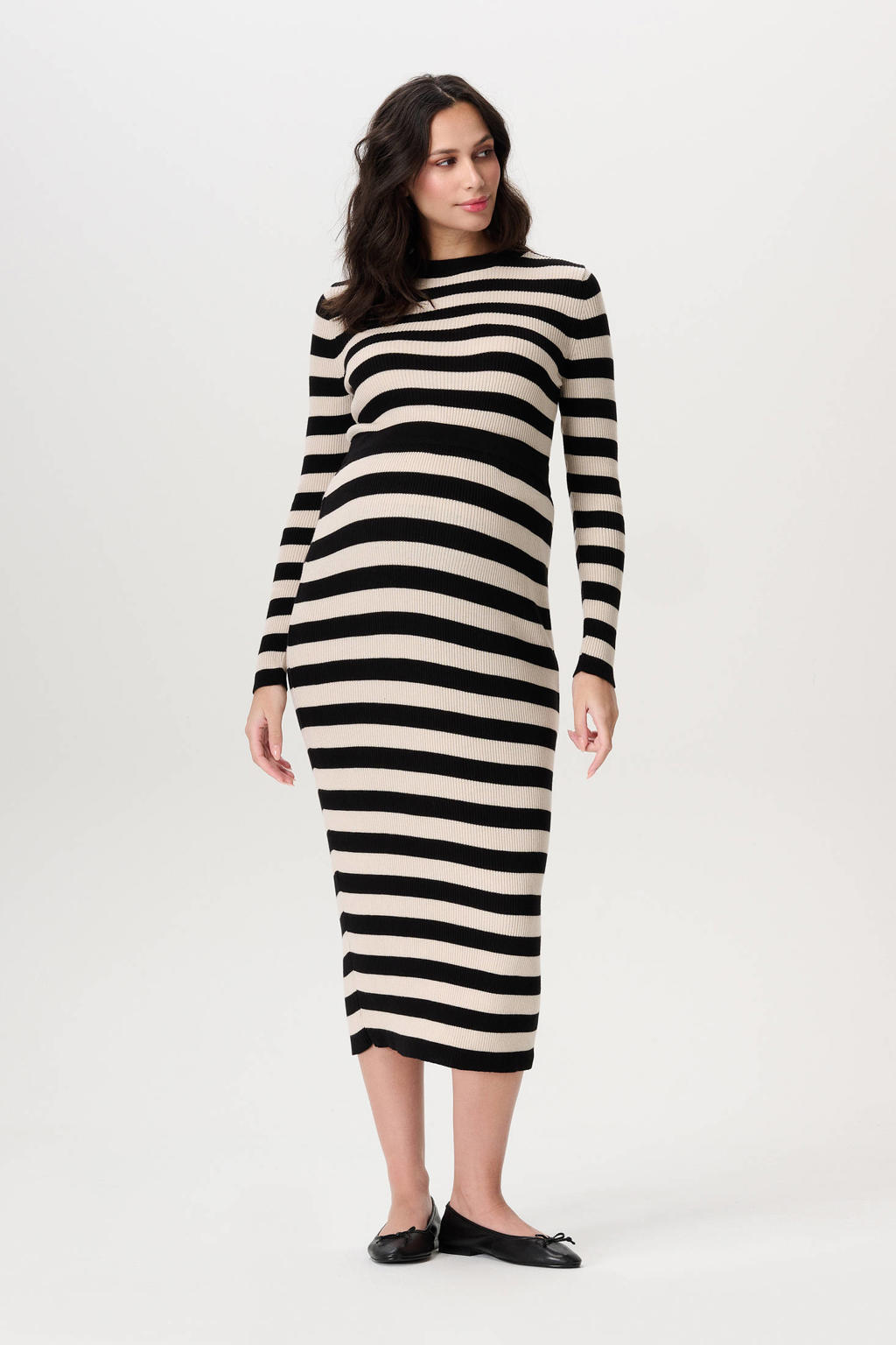 Zwarte dames Noppies maternity zwangerschaps gestreepte longsleeve fijn gebreid met lange mouwen en ronde hals