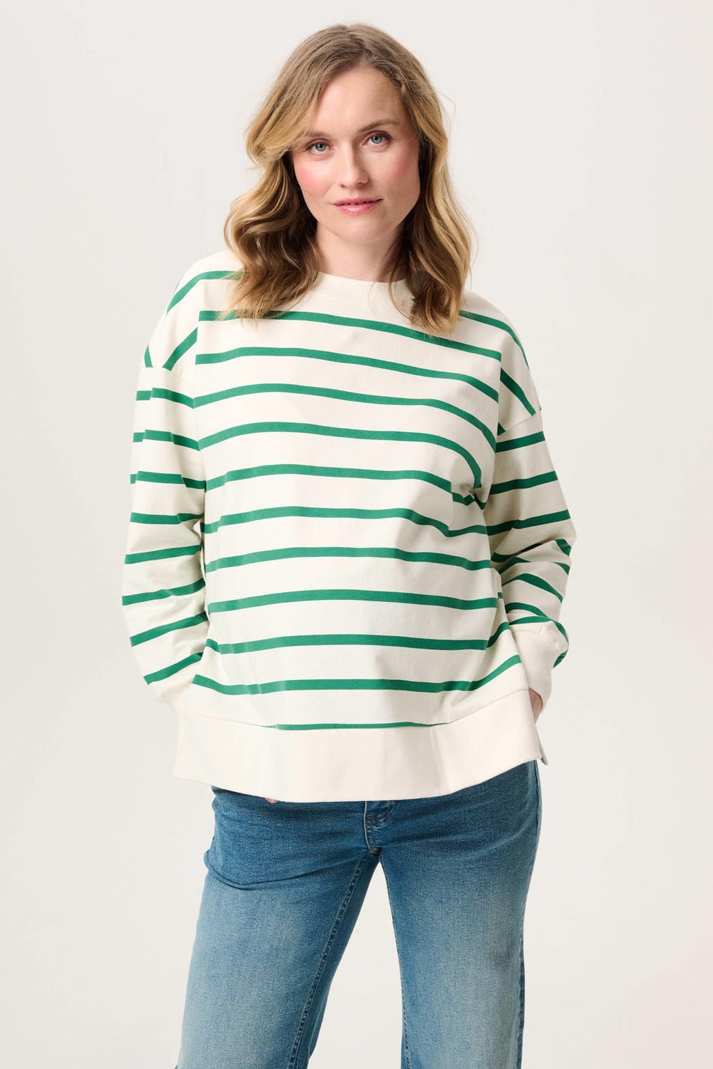 Groene dames Noppies maternity zwangerschaps gestreepte sweater van stretchkatoen met lange mouwen, ronde hals en split
