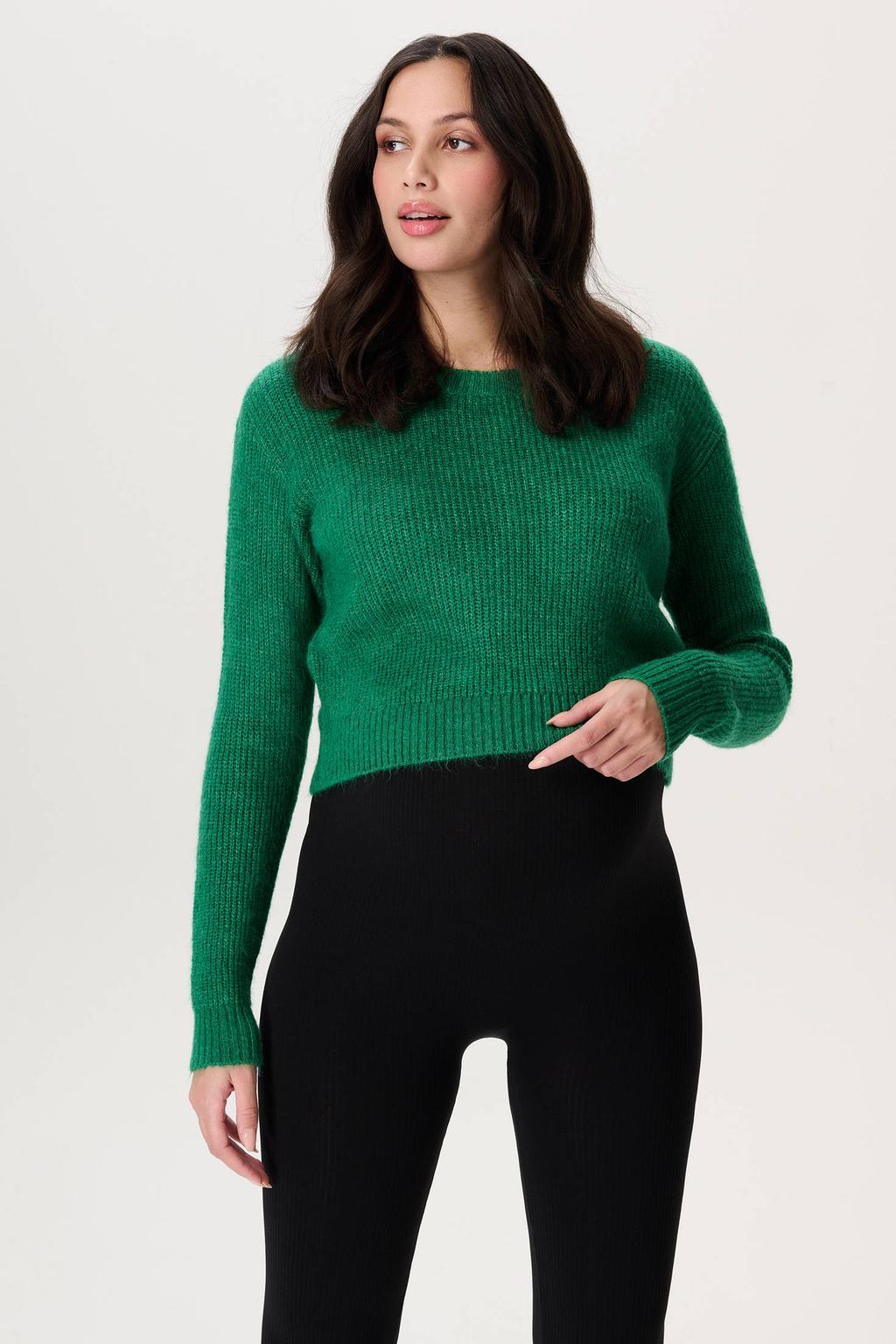 Groene dames Noppies maternity zwangerschaps cropped trui grof gebreid van acryl met effen en lange mouwen