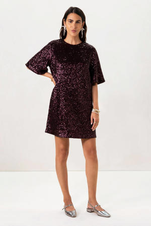 t-shirtjurk met pailletten donkerrood