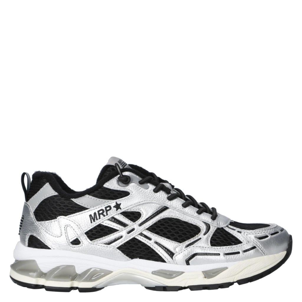 Zilver en zwarte dames MRP sneakers van metallic leer, textiel en imitatieleer met veters