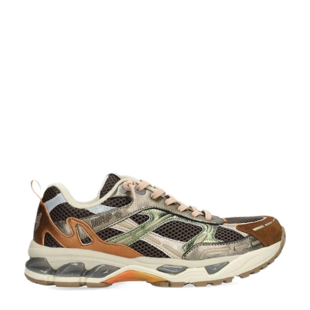Bruin en oranje dames MRP sneakers van metallic leer, textiel en imitatieleer met veters