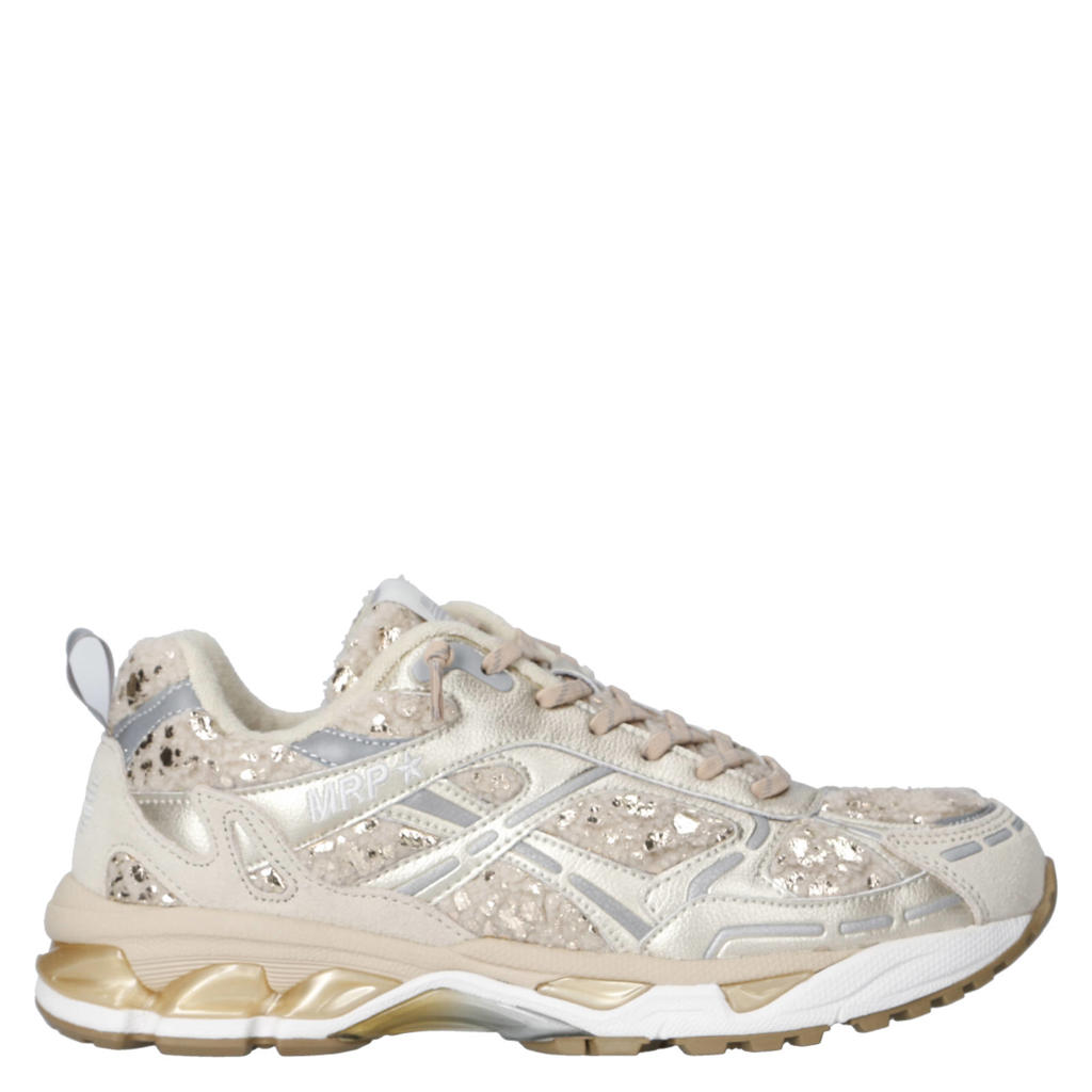 Ivoor en champagne dames MRP sneakers van metallic leer, textiel en imitatieleer met veters