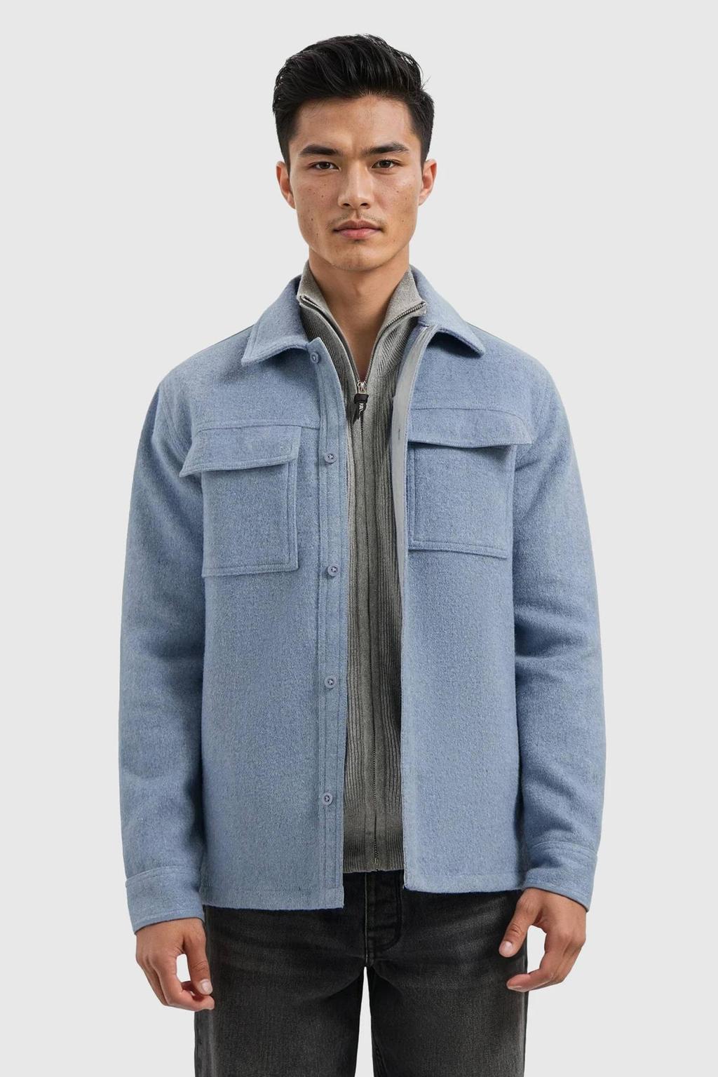 Blauwe heren Pure Path overshirt van wol met effen, lange mouwen, klassieke kraag en knoopsluiting