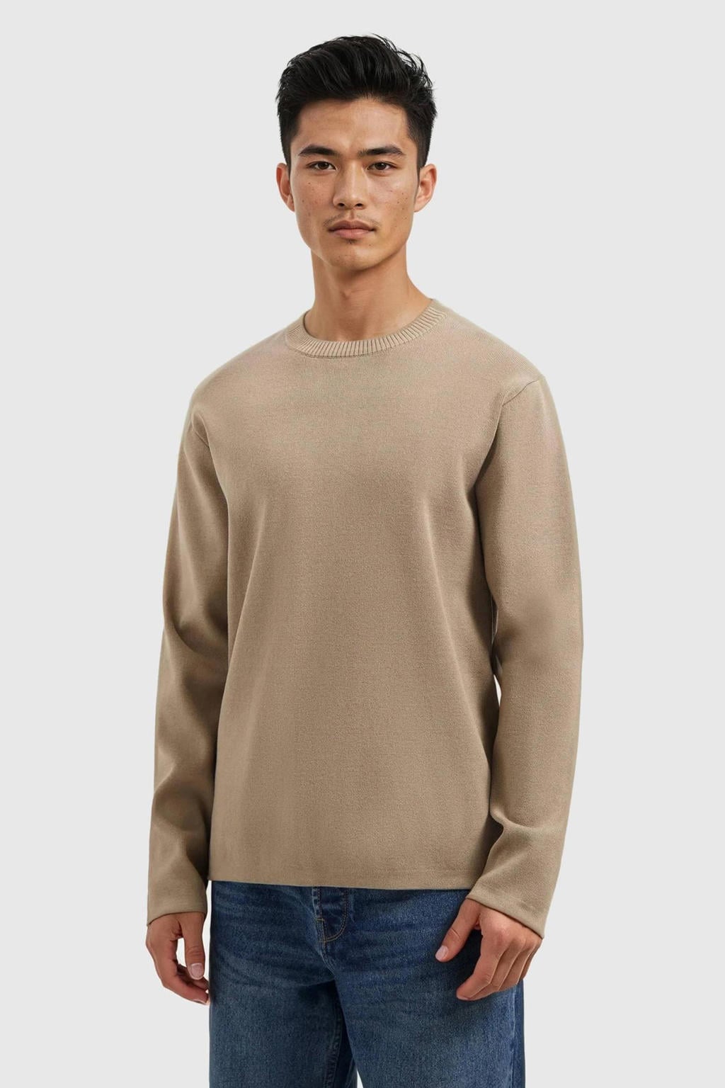 Lichtbruine heren Pure Path gebreide trui van viscose met effen, lange mouwen en ronde hals