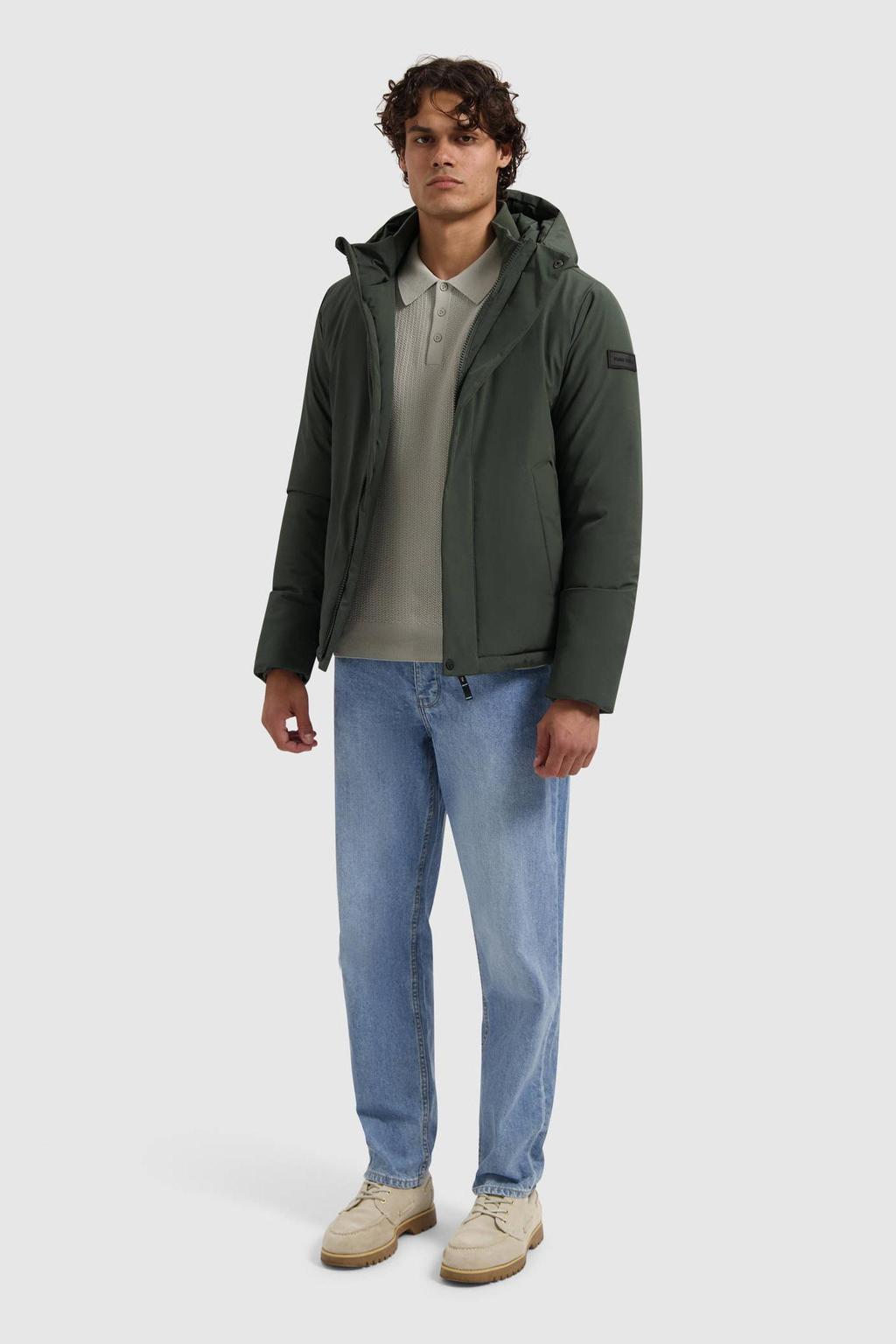 Groene heren Pure Path gewatteerde jas van polyester met effen, capuchon en rits- en drukknoopsluiting