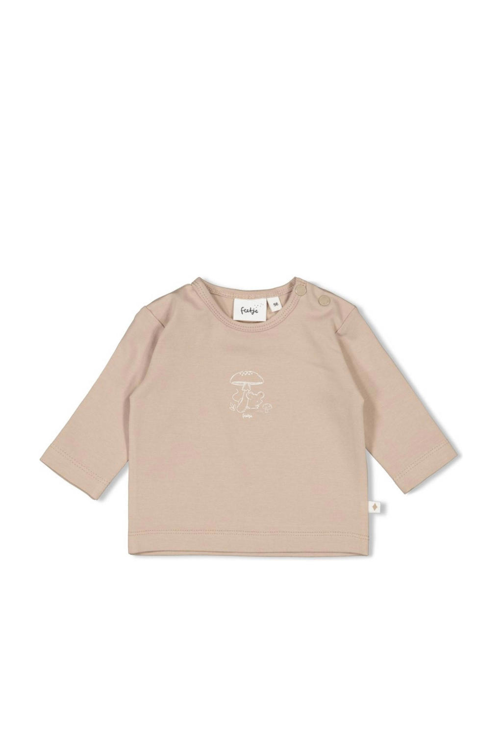 Beige jongens Feetje longsleeve Dear Autumn van katoen met printopdruk, lange mouwen, ronde hals en drukknoopsluiting